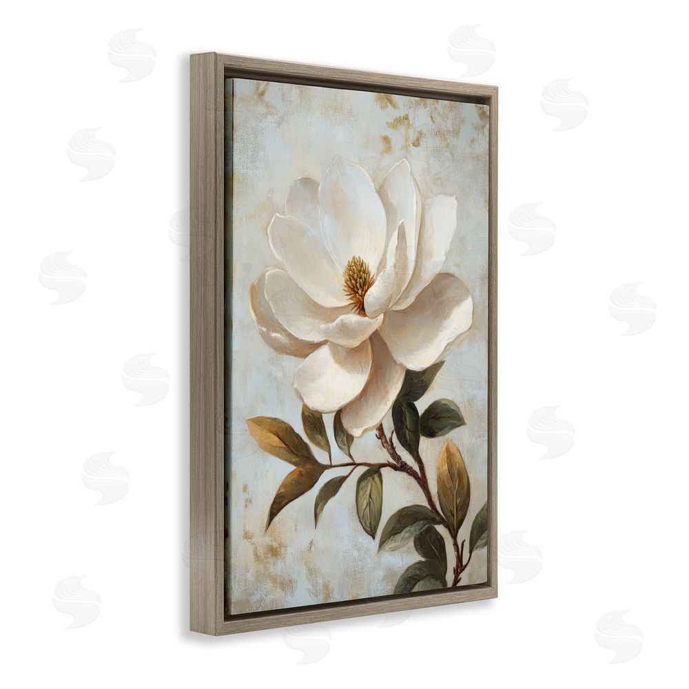 Petal Prints Design Open White Magnolia Flower Brown Floating Frame Canvas Wall Art Print