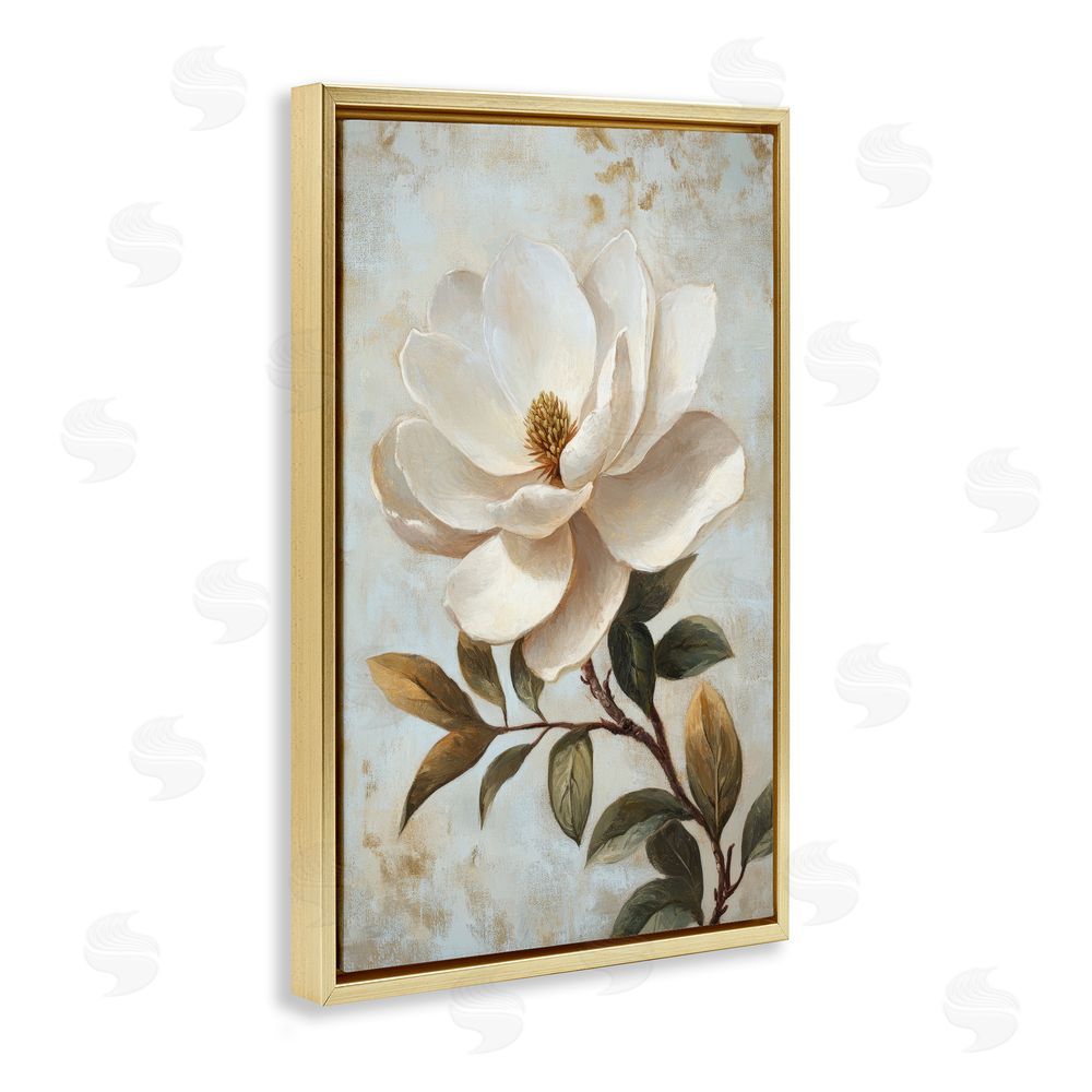 Petal Prints Design Open White Magnolia Flower Gold Floating Frame Canvas Wall Art Print