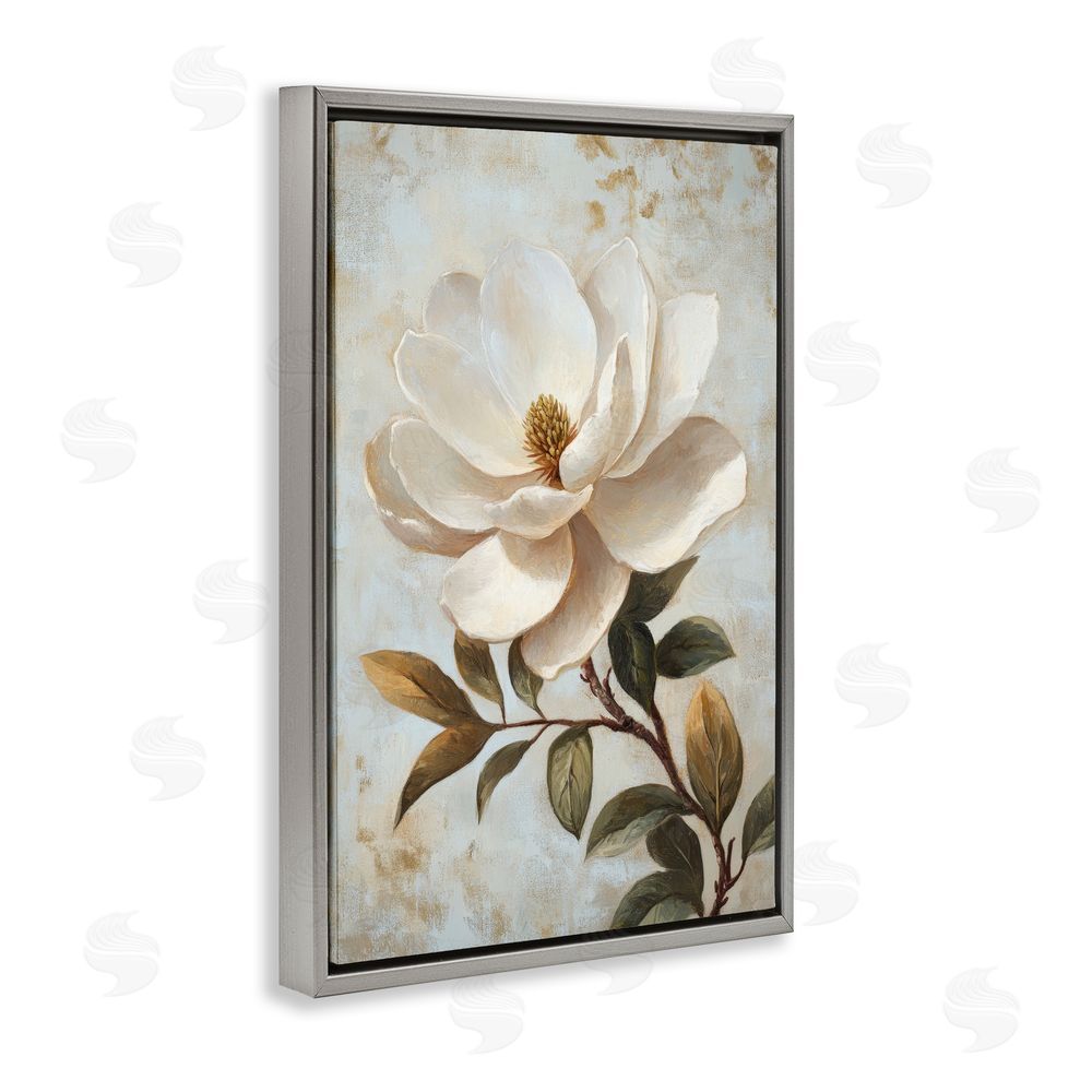 Petal Prints Design Open White Magnolia Flower Gray Floating Frame Canvas Wall Art Print