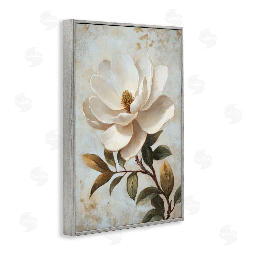 Petal Prints Design Open White Magnolia Flower Gray Framed Giclee Wall Art Print