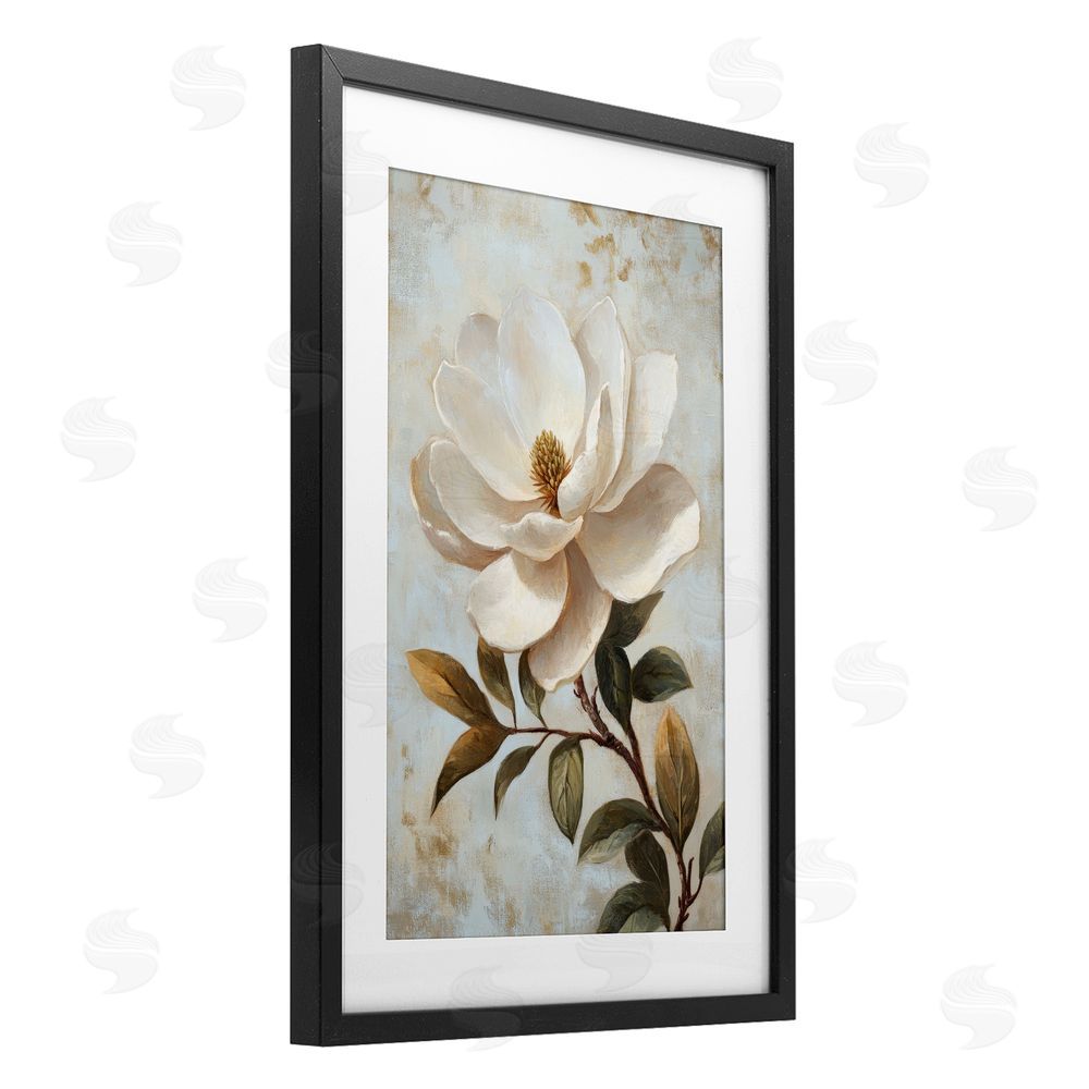 Petal Prints Design Open White Magnolia Flower Black Framed Print Under Glass with White Mat Wall Art