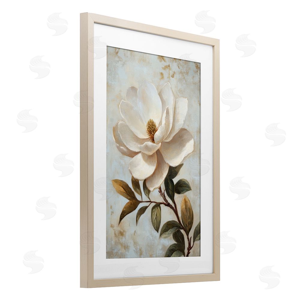 Petal Prints Design Open White Magnolia Flower Birch Framed Print Under Glass with White Mat Wall Art