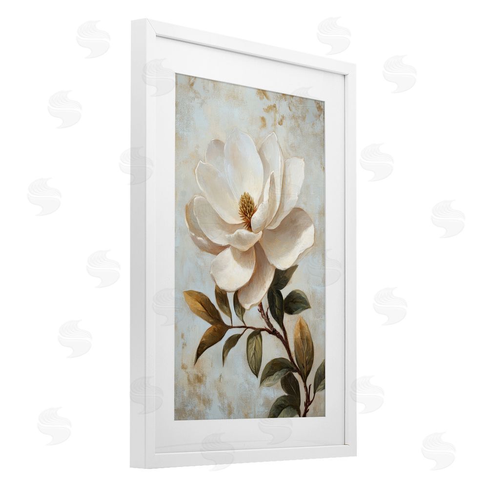 Petal Prints Design Open White Magnolia Flower White Framed Print Under Glass with Mat Wall Art