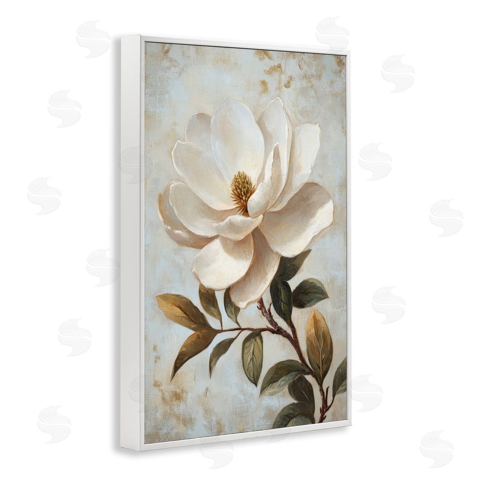 Petal Prints Design Open White Magnolia Flower White Framed Giclee Wall Art Print