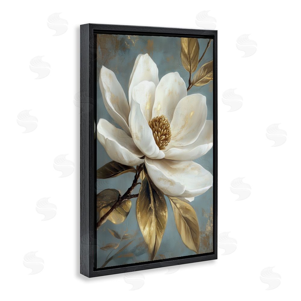 Petal Prints Design Bloomed White Magnolia Floral Black Floating Frame Canvas Wall Art Print