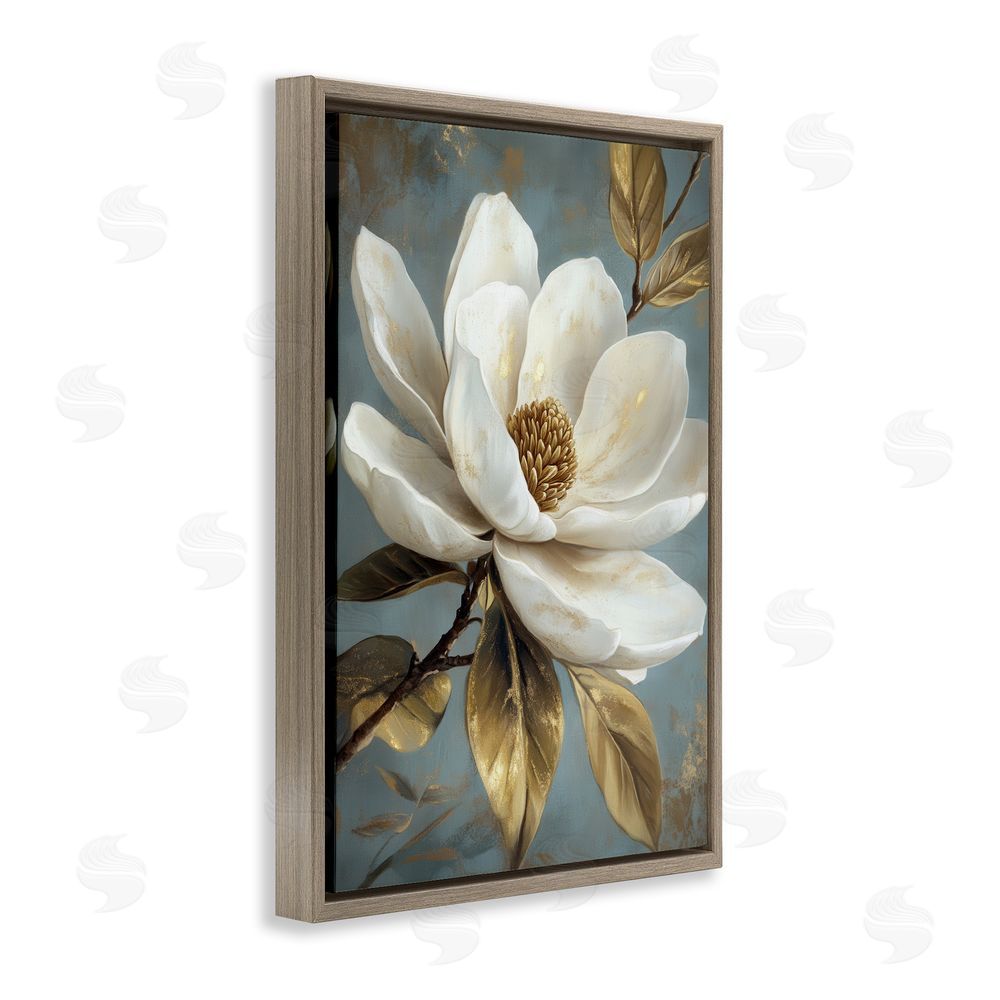 Petal Prints Design Bloomed White Magnolia Floral Brown Floating Frame Canvas Wall Art Print