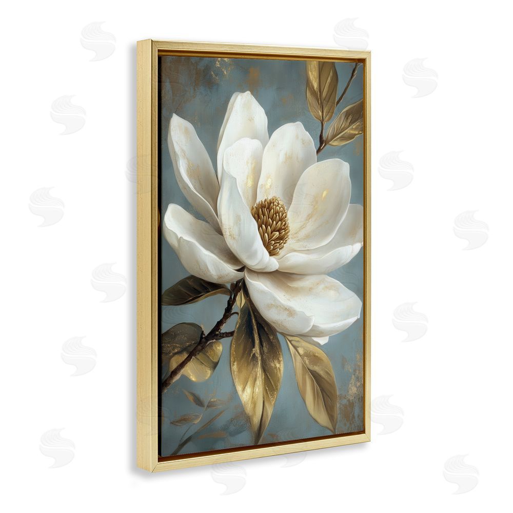 Petal Prints Design Bloomed White Magnolia Floral Gold Floating Frame Canvas Wall Art Print
