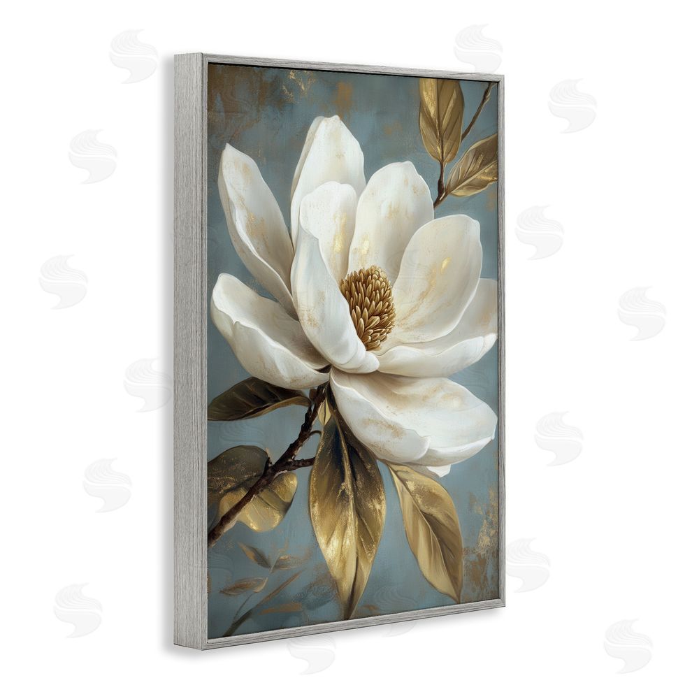 Petal Prints Design Bloomed White Magnolia Floral Gray Framed Giclee Wall Art Print