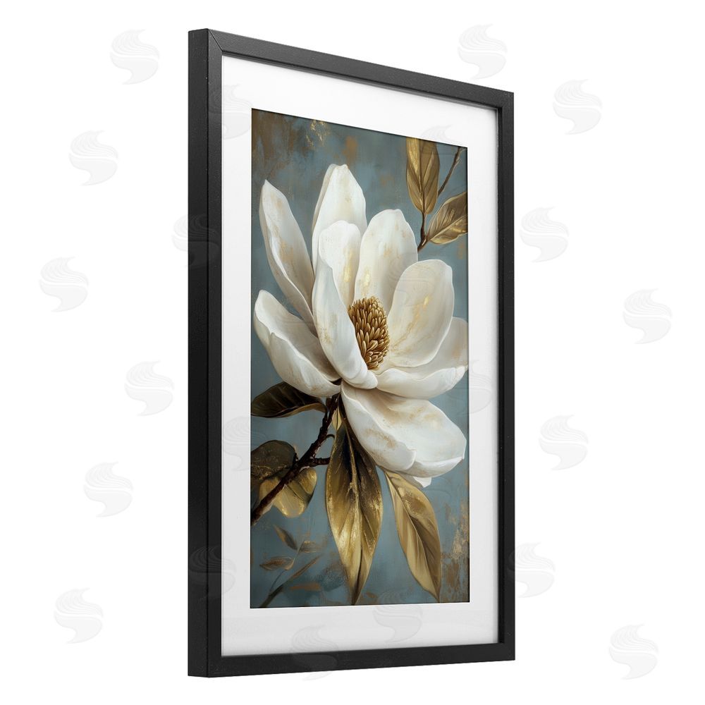 Petal Prints Design Bloomed White Magnolia Floral Black Framed Print Under Glass with White Mat Wall Art