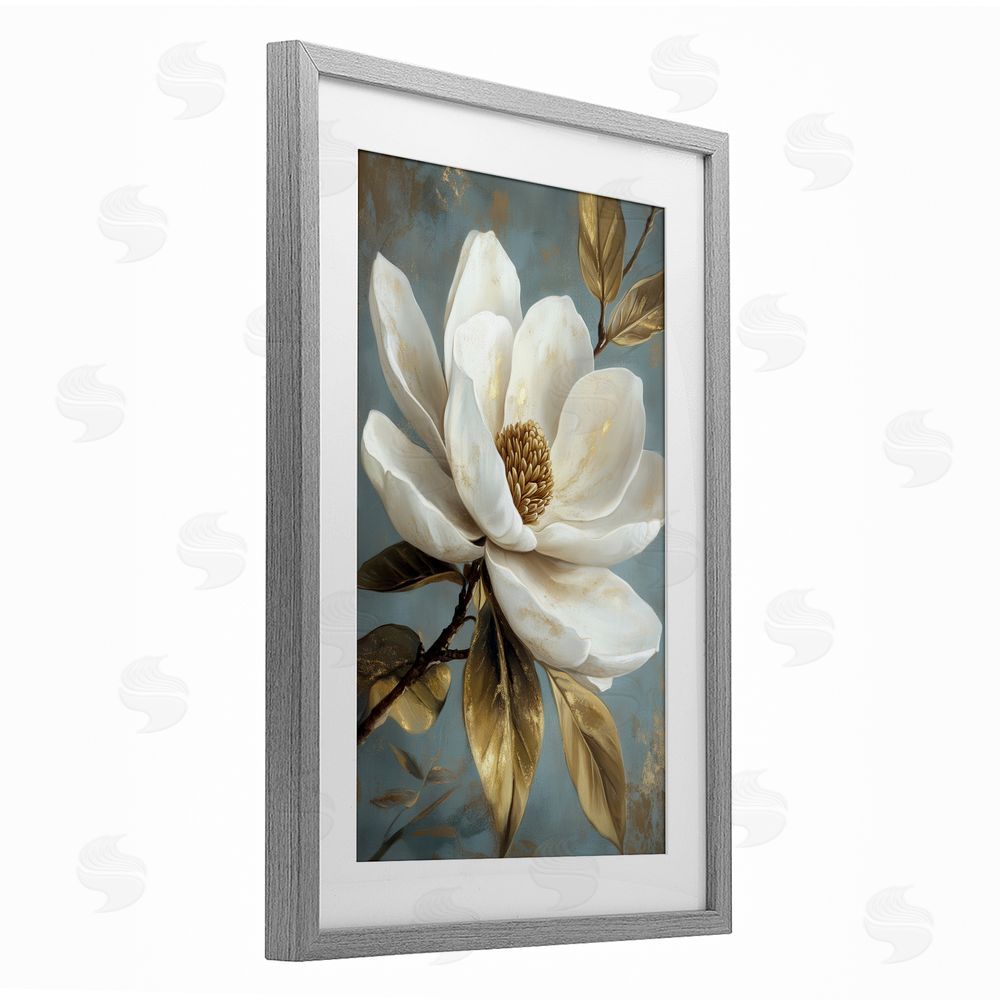 Petal Prints Design Bloomed White Magnolia Floral Gray Framed Print Under Glass with White Mat Wall Art