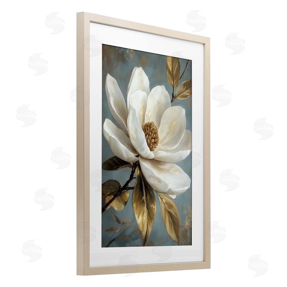Petal Prints Design Bloomed White Magnolia Floral Birch Framed Print Under Glass with White Mat Wall Art