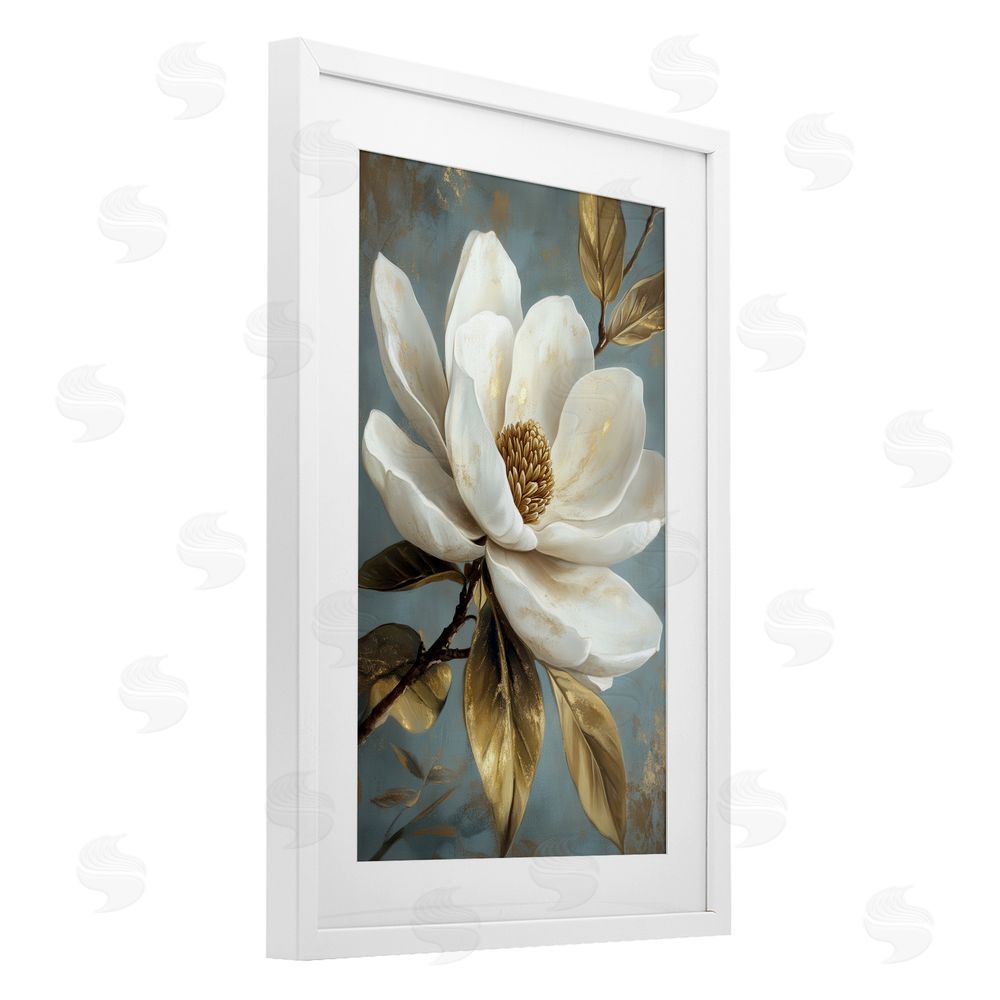 Petal Prints Design Bloomed White Magnolia Floral White Framed Print Under Glass with Mat Wall Art