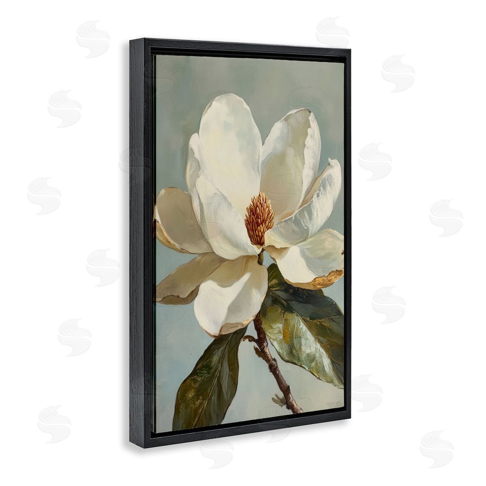 Petal Prints Design Blossomed White Magnolia Floral Black Floating Frame Canvas Wall Art Print