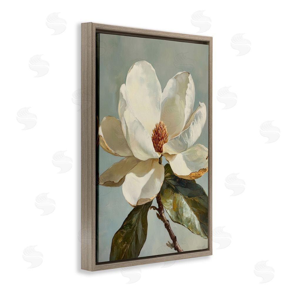 Petal Prints Design Blossomed White Magnolia Floral Brown Floating Frame Canvas Wall Art Print