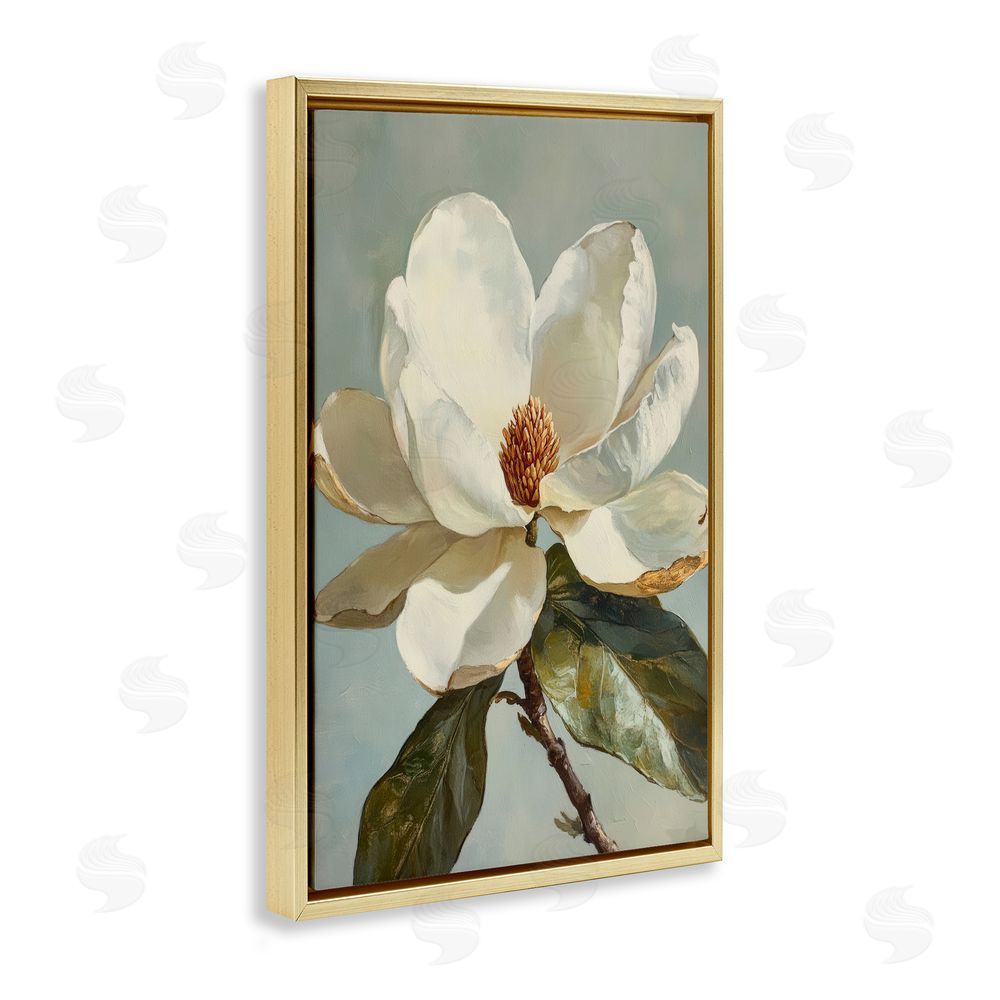 Petal Prints Design Blossomed White Magnolia Floral Gold Floating Frame Canvas Wall Art Print