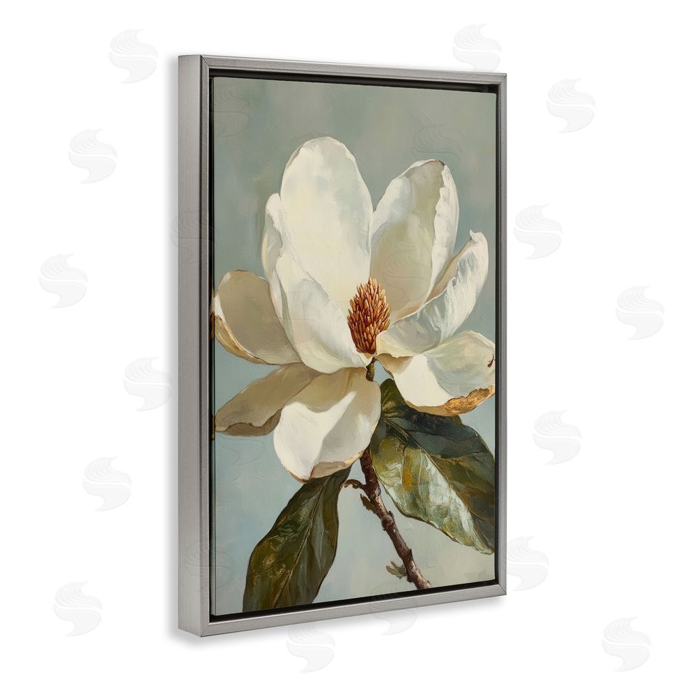 Petal Prints Design Blossomed White Magnolia Floral Gray Floating Frame Canvas Wall Art Print