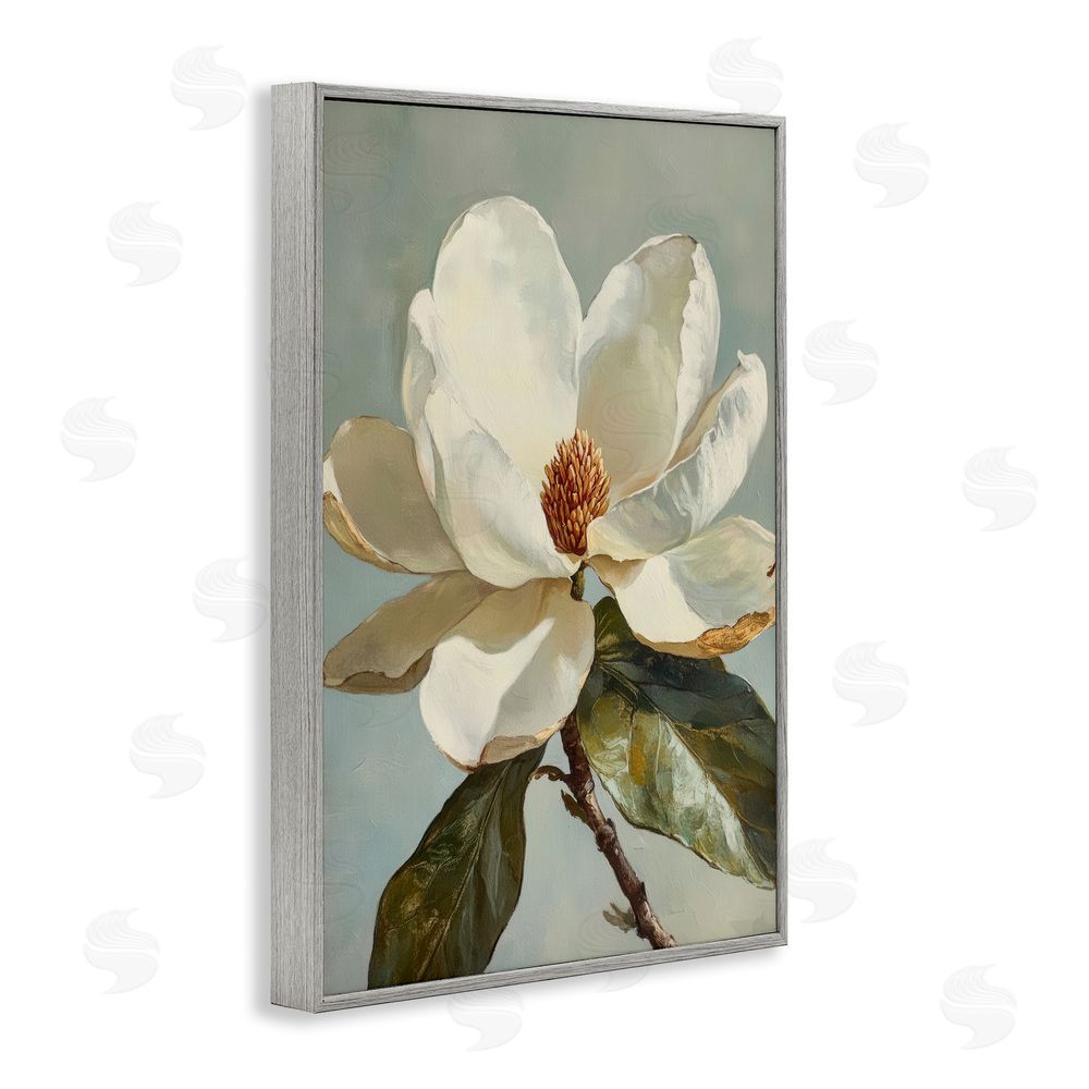 Petal Prints Design Blossomed White Magnolia Floral Gray Framed Giclee Wall Art Print