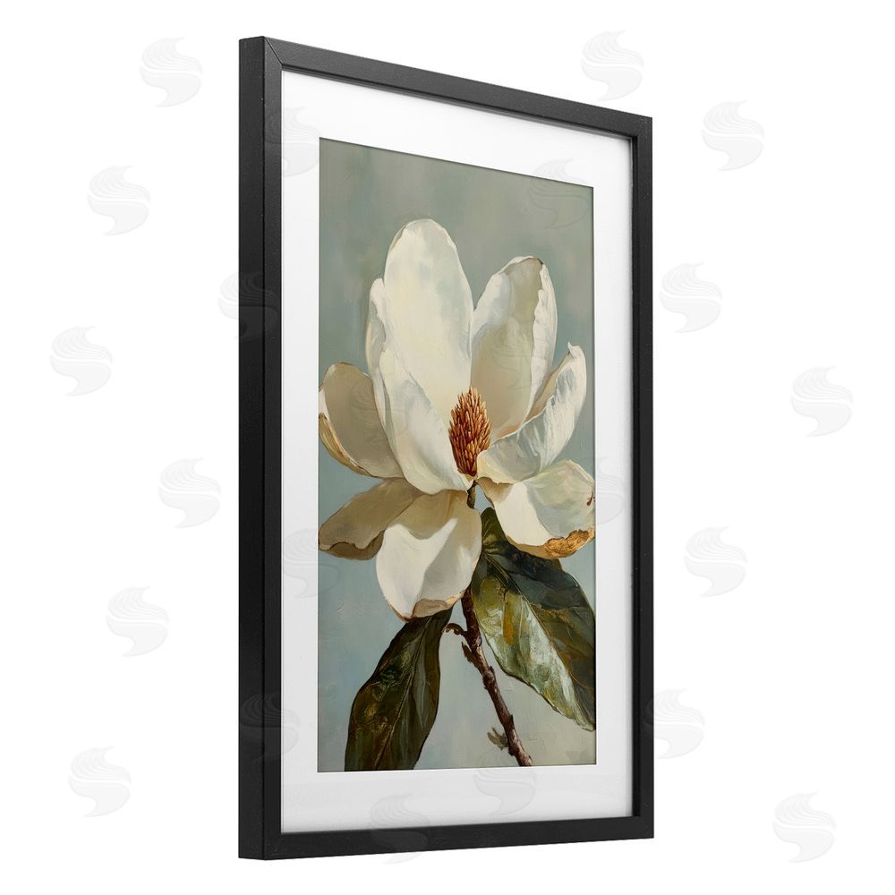 Petal Prints Design Blossomed White Magnolia Floral Black Framed Print Under Glass with White Mat Wall Art