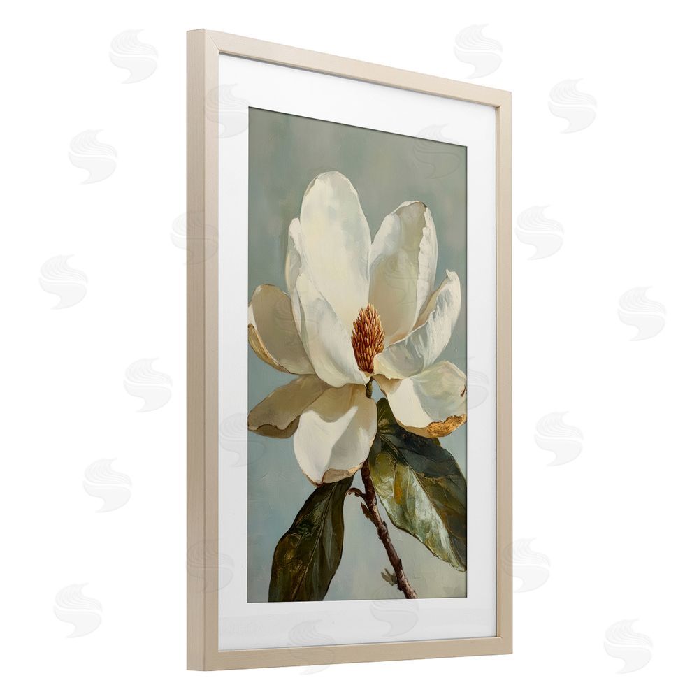 Petal Prints Design Blossomed White Magnolia Floral Birch Framed Print Under Glass with White Mat Wall Art