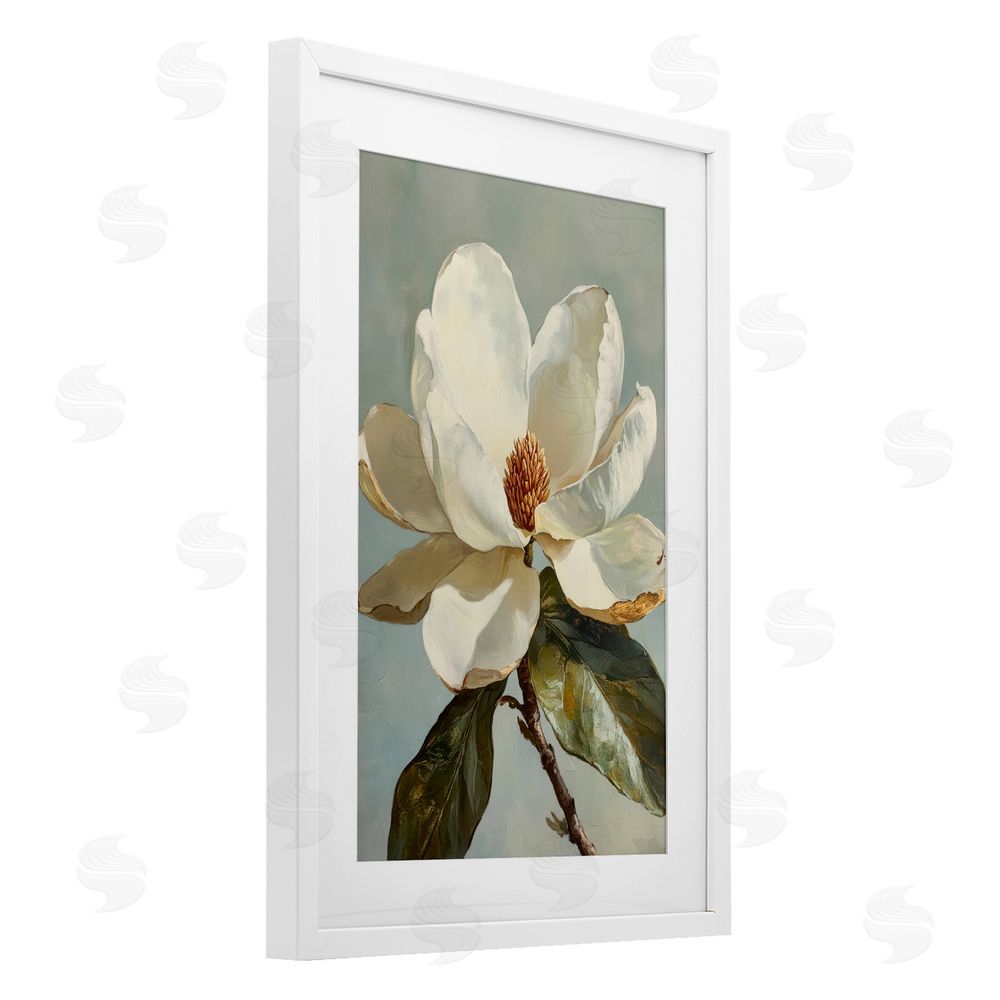 Petal Prints Design Blossomed White Magnolia Floral White Framed Print Under Glass with Mat Wall Art