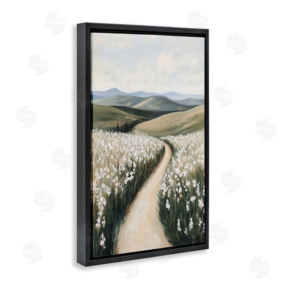 Petal Prints Design White Hyacinth Meadow Path Black Floating Frame Canvas Wall Art Print