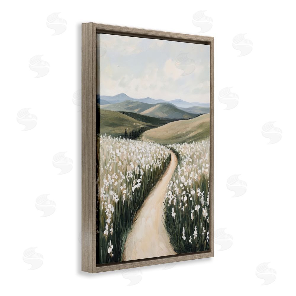Petal Prints Design White Hyacinth Meadow Path Brown Floating Frame Canvas Wall Art Print