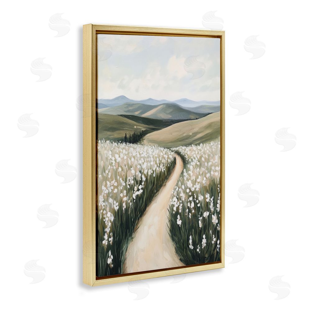 Petal Prints Design White Hyacinth Meadow Path Gold Floating Frame Canvas Wall Art Print