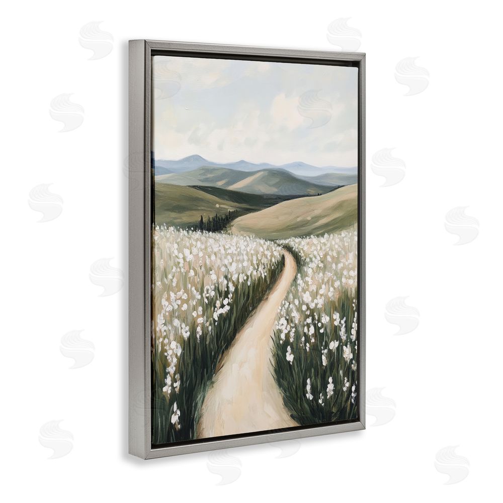 Petal Prints Design White Hyacinth Meadow Path Gray Floating Frame Canvas Wall Art Print