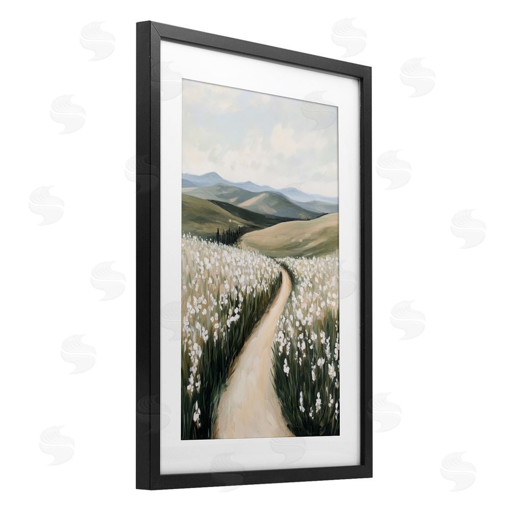 Petal Prints Design White Hyacinth Meadow Path Black Framed Print Under Glass with White Mat Wall Art
