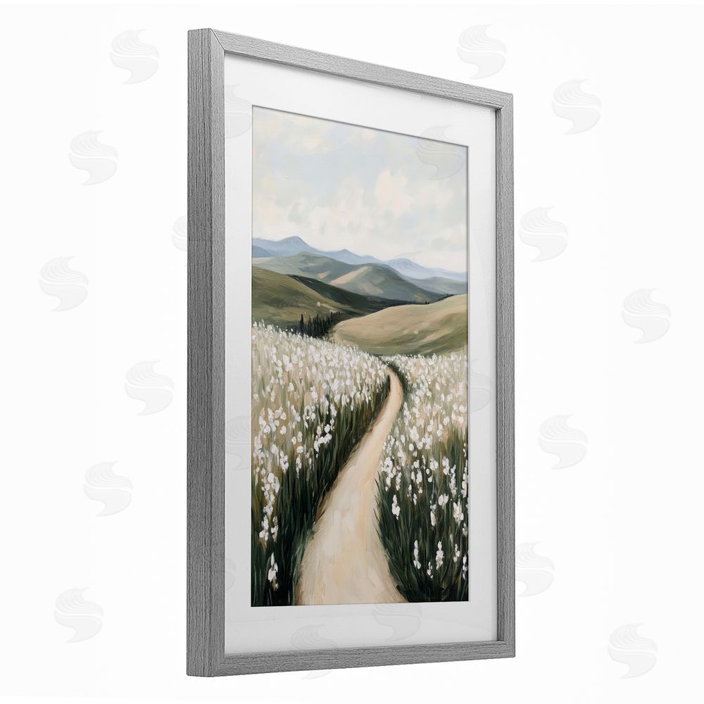 Petal Prints Design White Hyacinth Meadow Path Gray Framed Print Under Glass with White Mat Wall Art