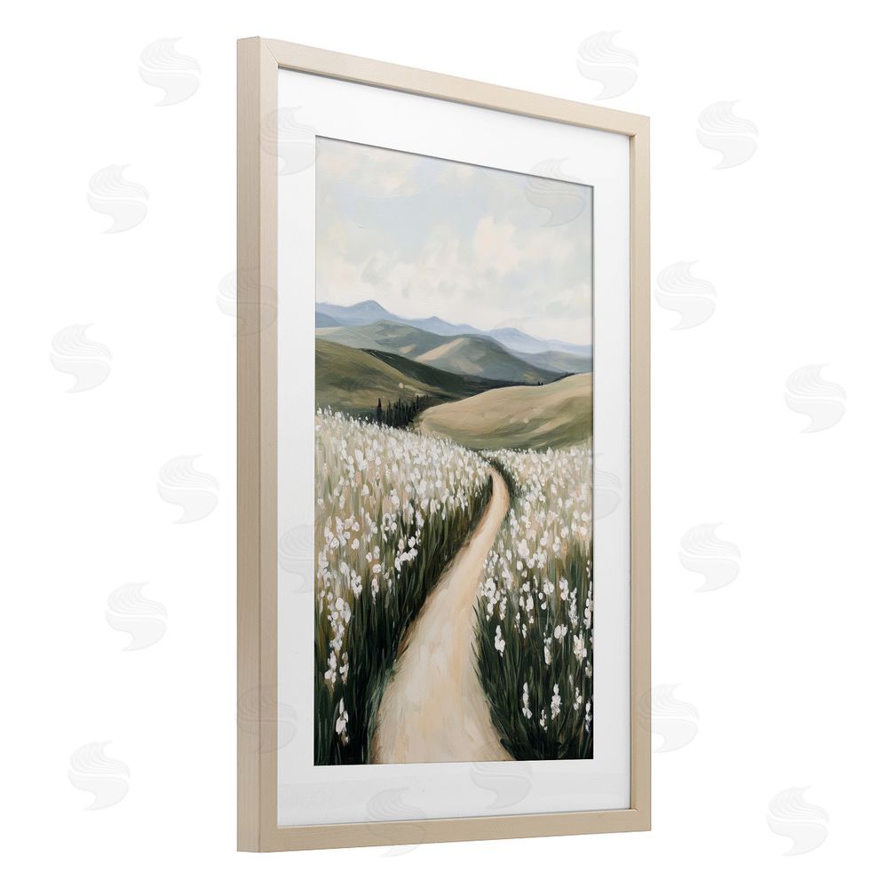 Petal Prints Design White Hyacinth Meadow Path Birch Framed Print Under Glass with White Mat Wall Art