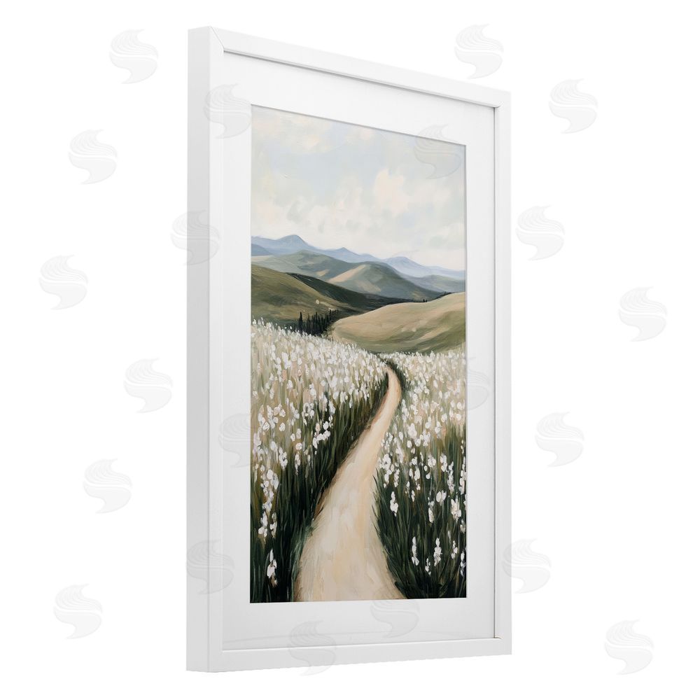 Petal Prints Design White Hyacinth Meadow Path White Framed Print Under Glass with Mat Wall Art