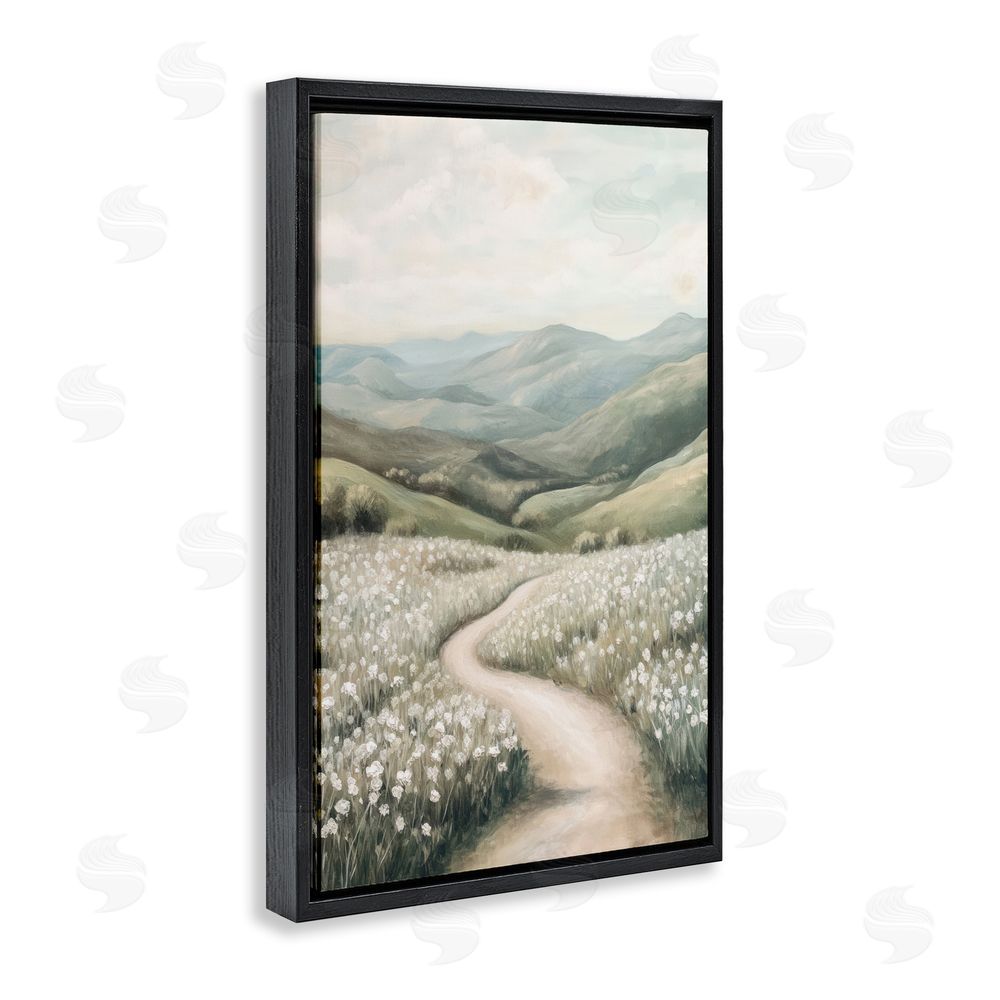 Petal Prints Design White Wildflower Meadow Path Black Floating Frame Canvas Wall Art Print