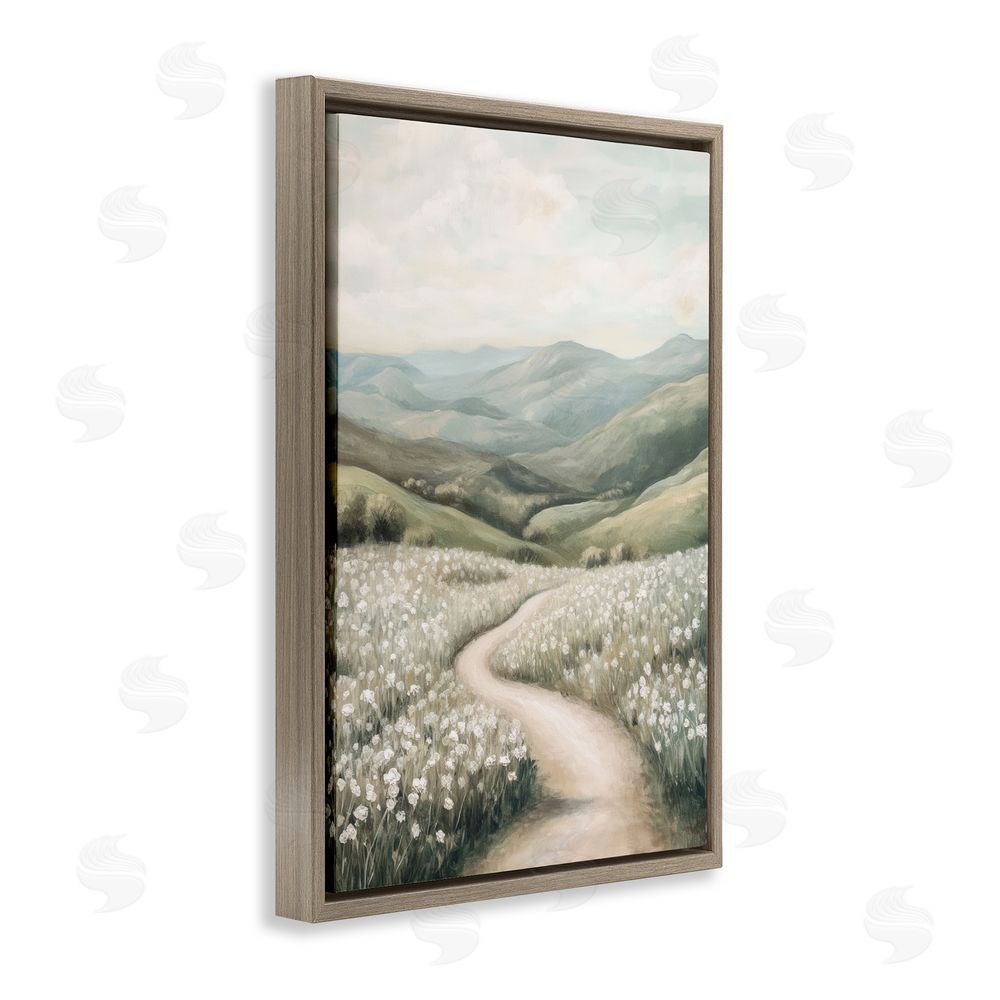 Petal Prints Design White Wildflower Meadow Path Brown Floating Frame Canvas Wall Art Print