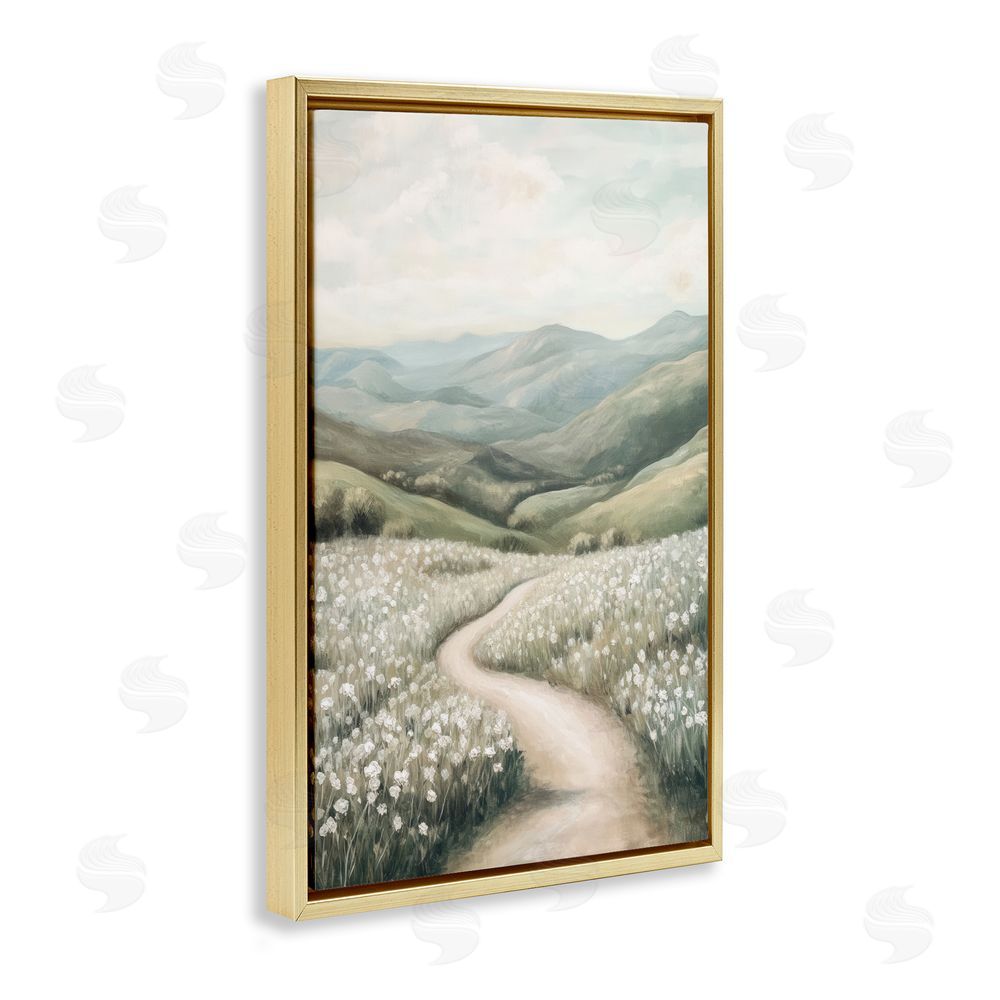 Petal Prints Design White Wildflower Meadow Path Gold Floating Frame Canvas Wall Art Print