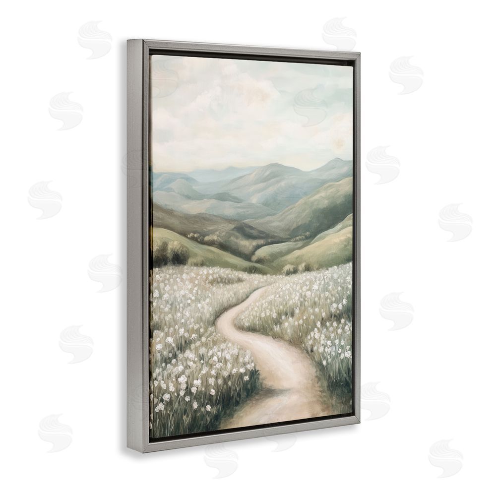 Petal Prints Design White Wildflower Meadow Path Gray Floating Frame Canvas Wall Art Print