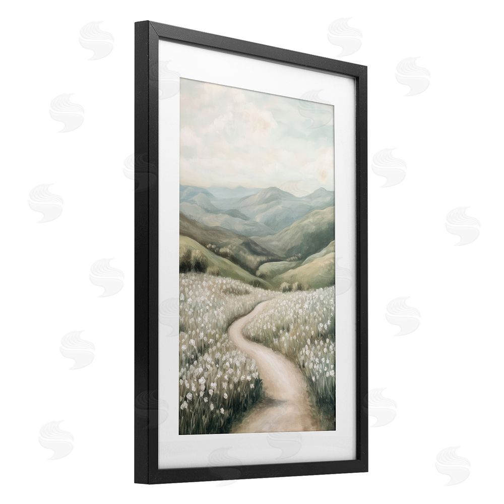 Petal Prints Design White Wildflower Meadow Path Black Framed Print Under Glass with White Mat Wall Art