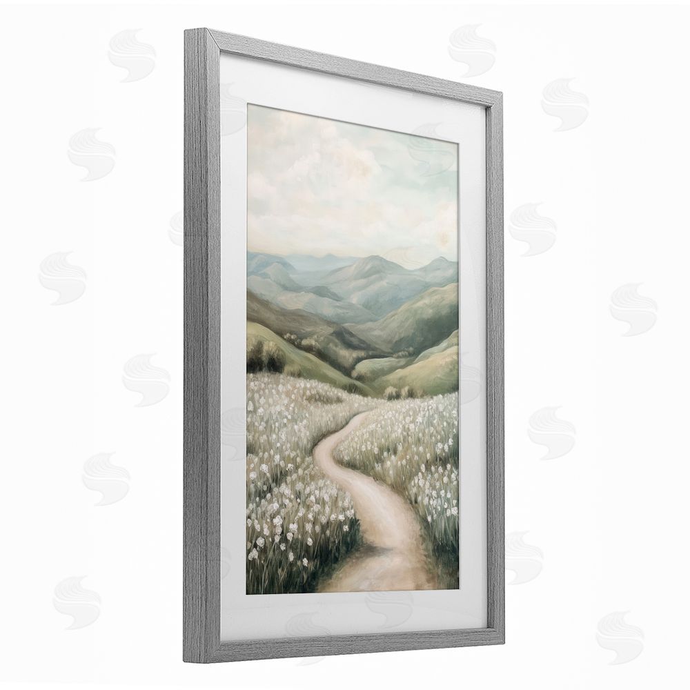 Petal Prints Design White Wildflower Meadow Path Gray Framed Print Under Glass with White Mat Wall Art