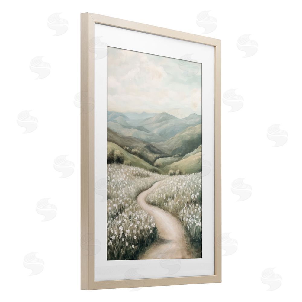 Petal Prints Design White Wildflower Meadow Path Birch Framed Print Under Glass with White Mat Wall Art