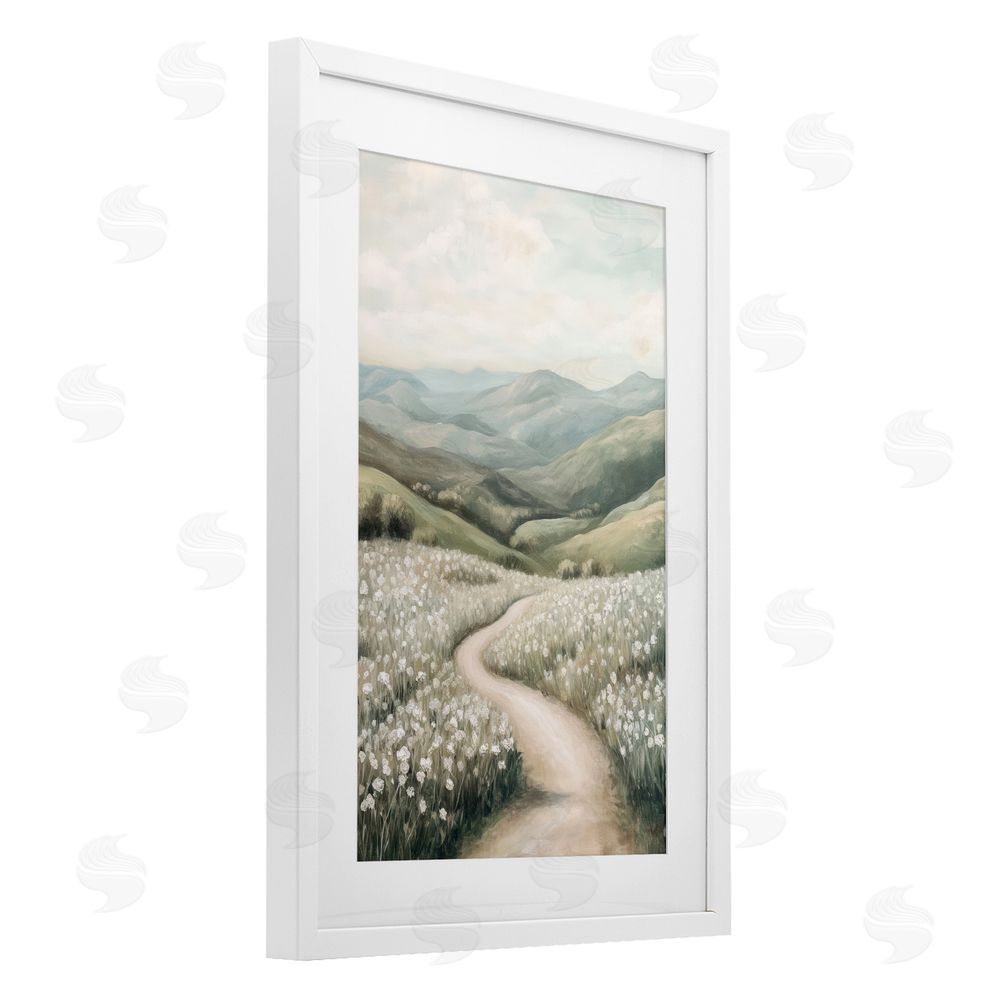Petal Prints Design White Wildflower Meadow Path White Framed Print Under Glass with Mat Wall Art