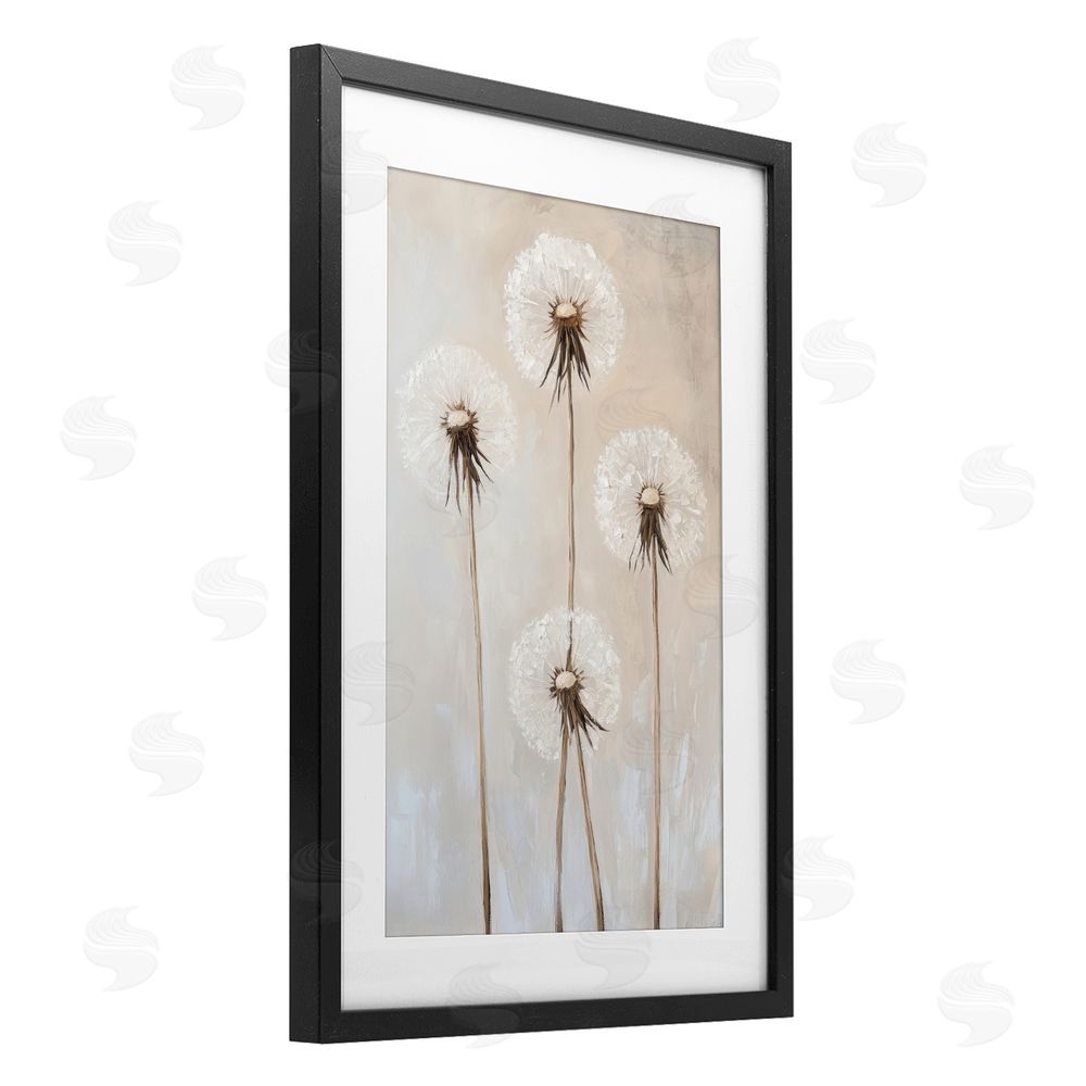 Petal Prints Design Neutral Dandelion Illustration Black Framed Print Under Glass with White Mat Wall Art
