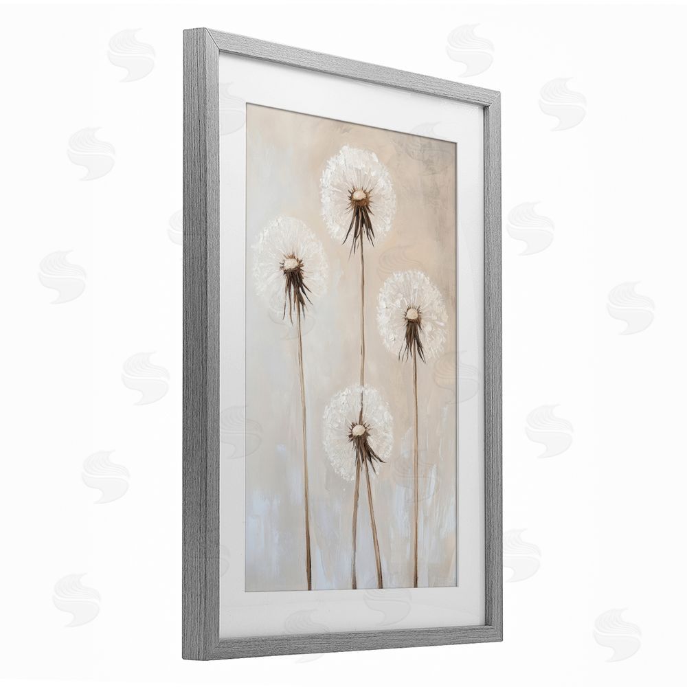 Petal Prints Design Neutral Dandelion Illustration Gray Framed Print Under Glass with White Mat Wall Art