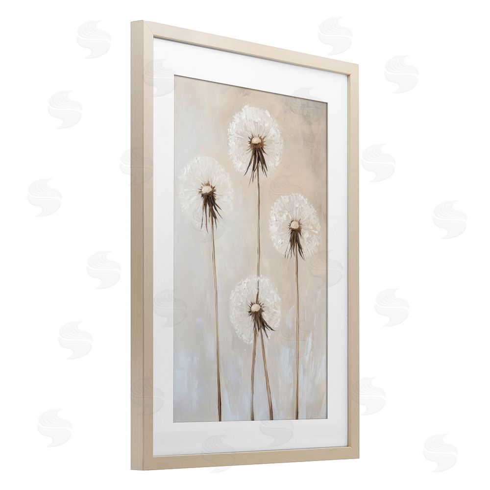 Petal Prints Design Neutral Dandelion Illustration Birch Framed Print Under Glass with White Mat Wall Art