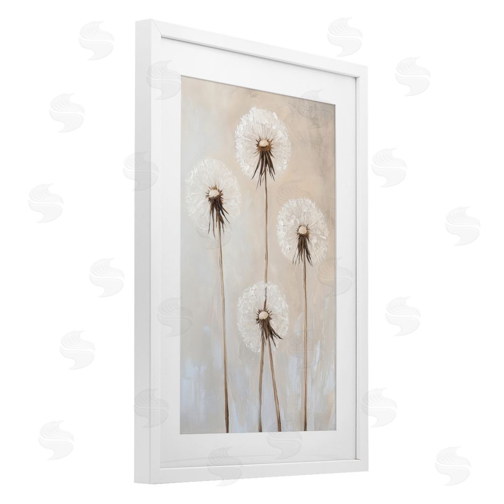 Petal Prints Design Neutral Dandelion Illustration White Framed Print Under Glass with Mat Wall Art