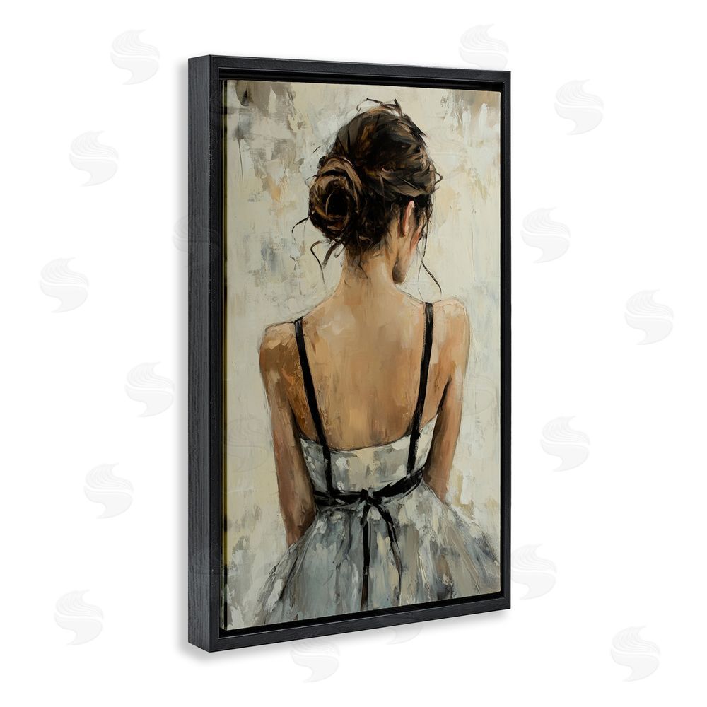 Petal Prints Design Back View Female in Dress Black Floating Frame Canvas Wall Art Print