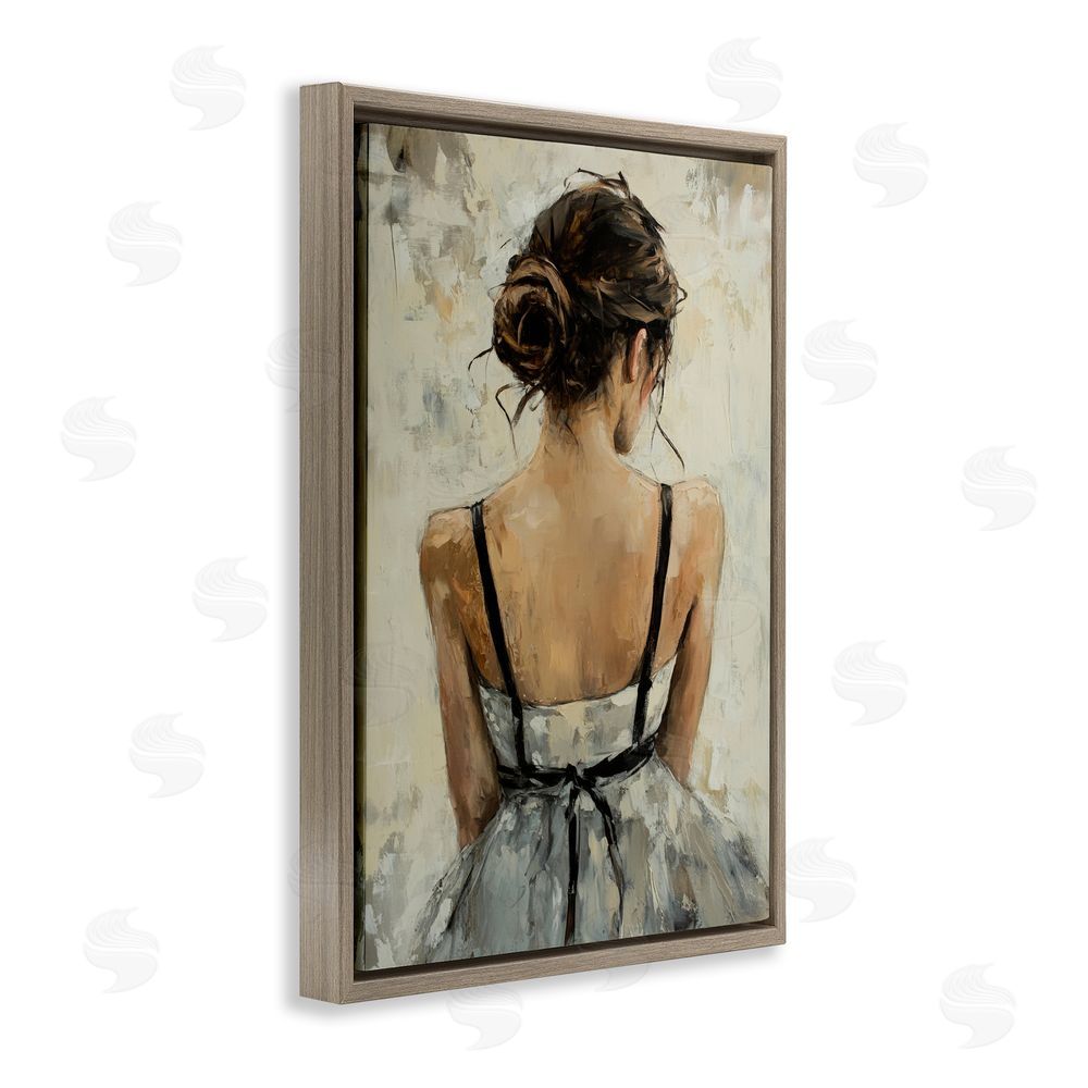 Petal Prints Design Back View Female in Dress Brown Floating Frame Canvas Wall Art Print