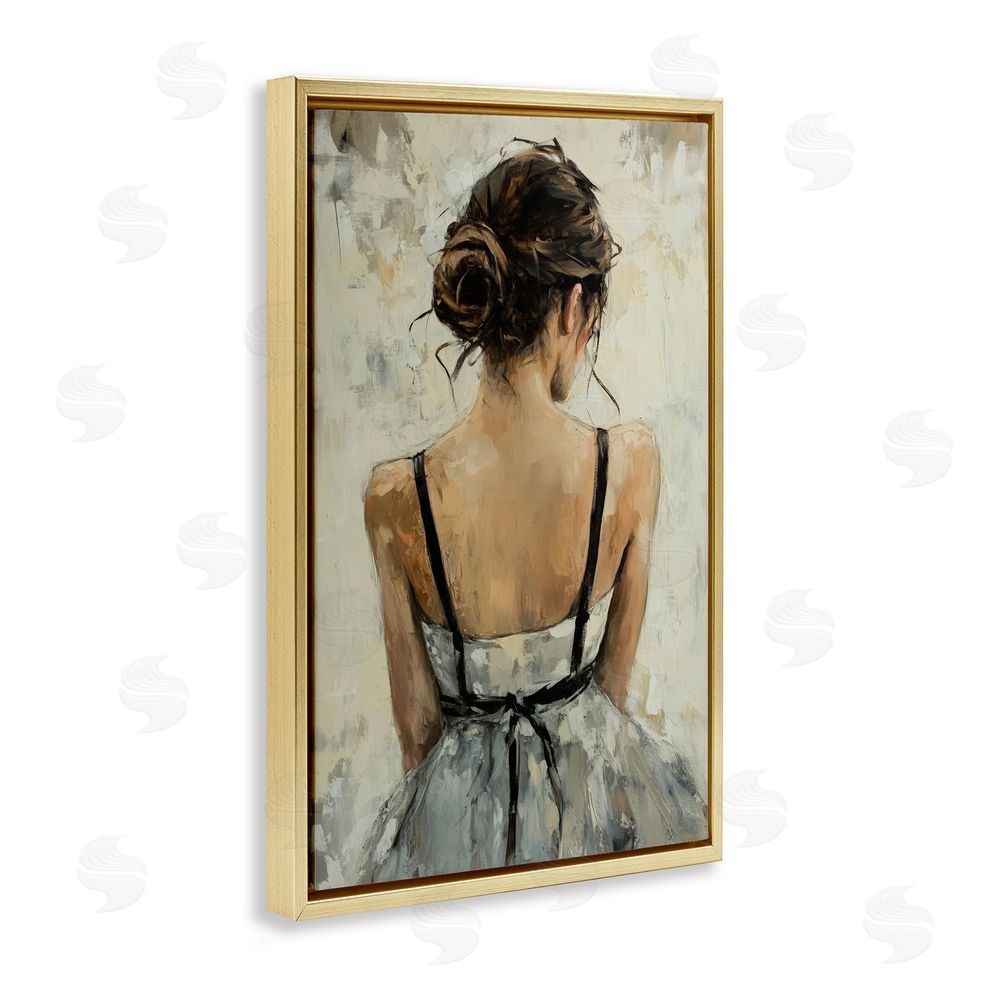 Petal Prints Design Back View Female in Dress Gold Floating Frame Canvas Wall Art Print