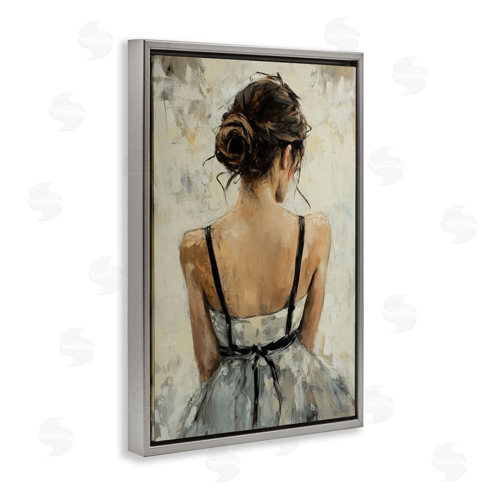 Petal Prints Design Back View Female in Dress Gray Floating Frame Canvas Wall Art Print