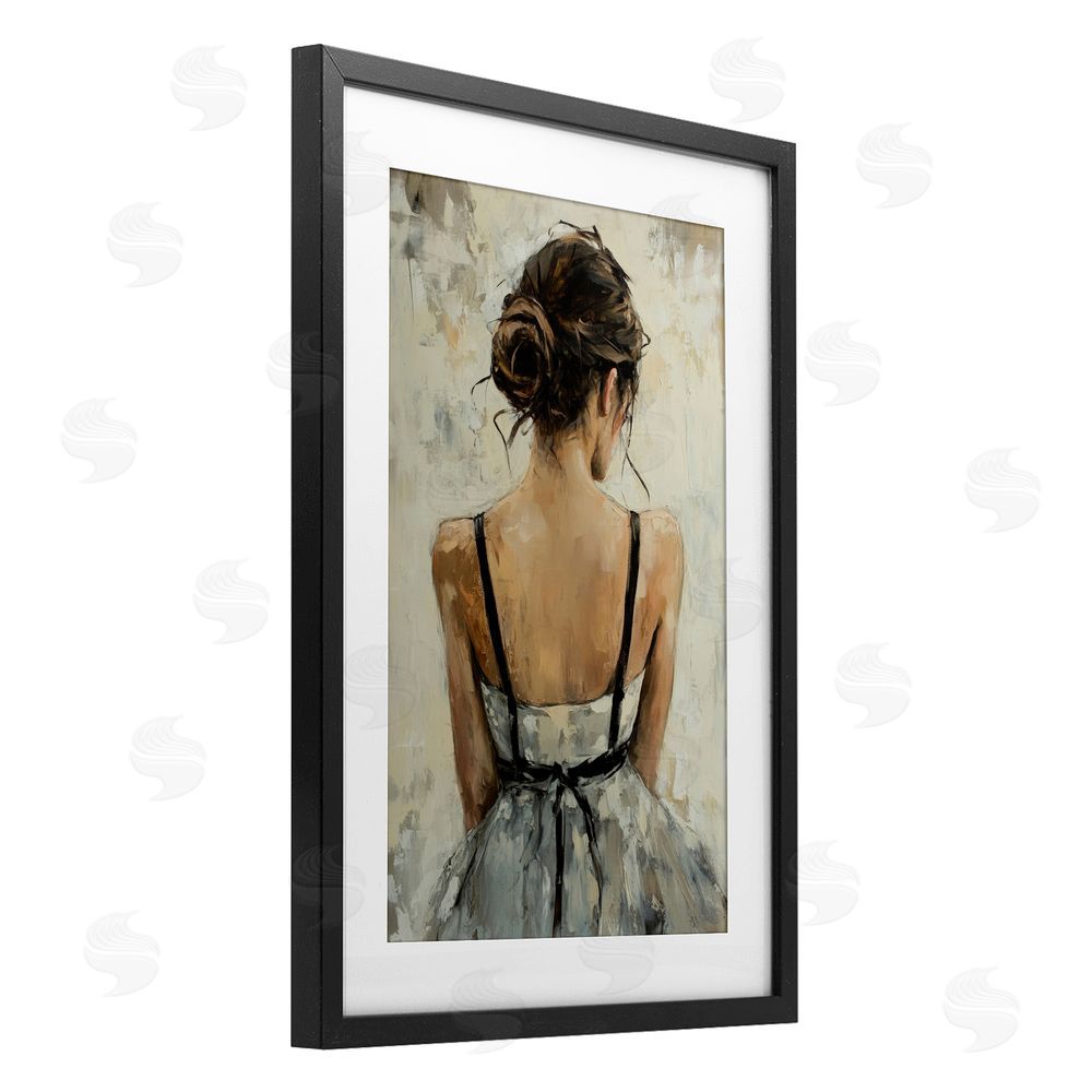 Petal Prints Design Back View Female in Dress Black Framed Print Under Glass with White Mat Wall Art