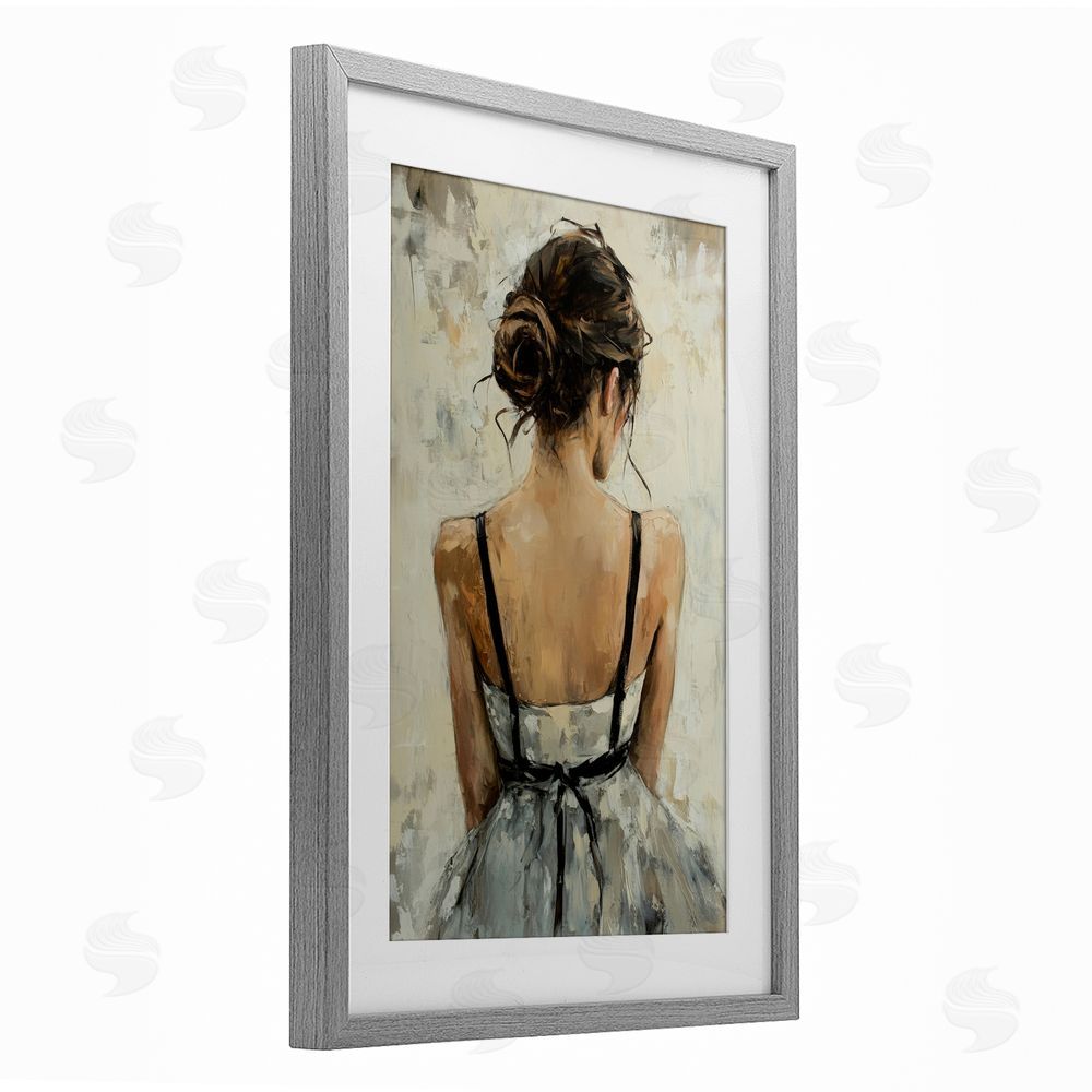 Petal Prints Design Back View Female in Dress Gray Framed Print Under Glass with White Mat Wall Art